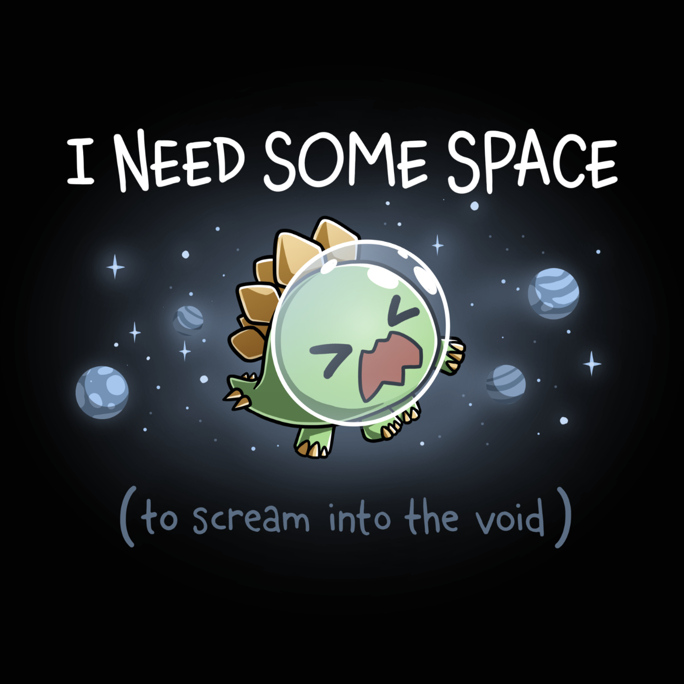 Crew Neck Sweatshirt_TeeTurtle black I Need Some Space (To Scream into the Void) Crew Neck Sweatshirt featuring an overwhelmed but cute stegosaurus astronaut with a space helmet, floating in space with the text "I Need Some Space (to scream into the void)"