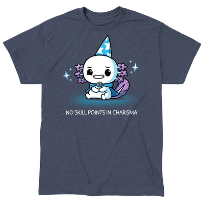 Classic Cotton T-shirt_TeeTurtle heather navy blue No Skill Points in Charisma Classic Cotton T-shirt featuring an awkward axolotl wizard who is smiling tensely, surrounded by sparkles, with the title text below it
