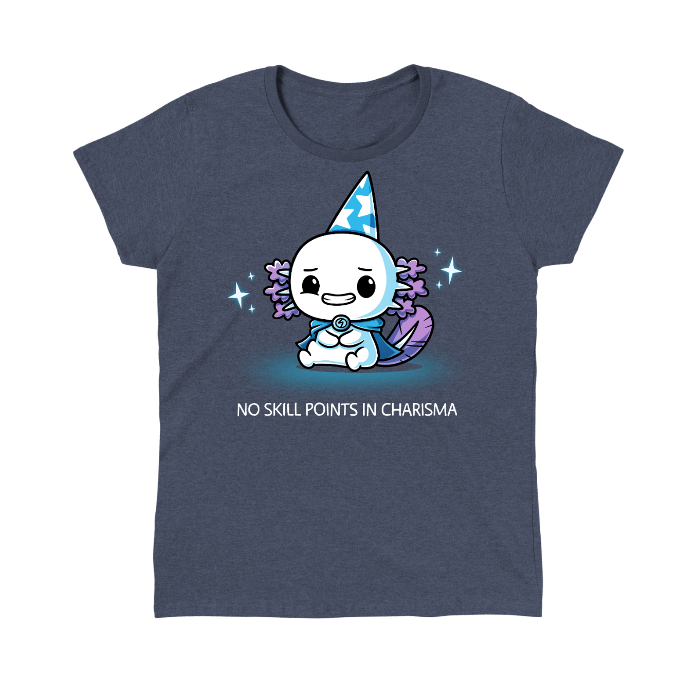 Classic Cotton T-shirt_TeeTurtle heather navy blue No Skill Points in Charisma Classic Cotton T-shirt featuring an awkward axolotl wizard who is smiling tensely, surrounded by sparkles, with the title text below it
