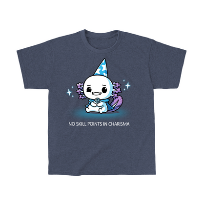 Classic Cotton T-shirt_TeeTurtle heather navy blue No Skill Points in Charisma Classic Cotton T-shirt featuring an awkward axolotl wizard who is smiling tensely, surrounded by sparkles, with the title text below it