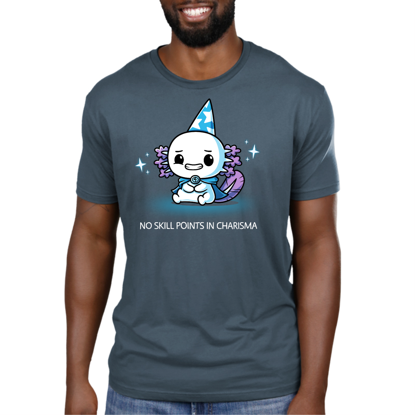 Premium Cotton T-shirt_TeeTurtle denim blue No Skill Points in Charisma Premium Cotton T-shirt featuring an awkward axolotl wizard who is smiling tensely, surrounded by sparkles, with the title text below it