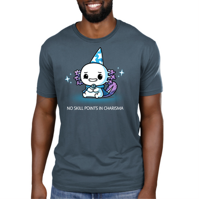 Premium Cotton T-shirt_TeeTurtle denim blue No Skill Points in Charisma Premium Cotton T-shirt featuring an awkward axolotl wizard who is smiling tensely, surrounded by sparkles, with the title text below it