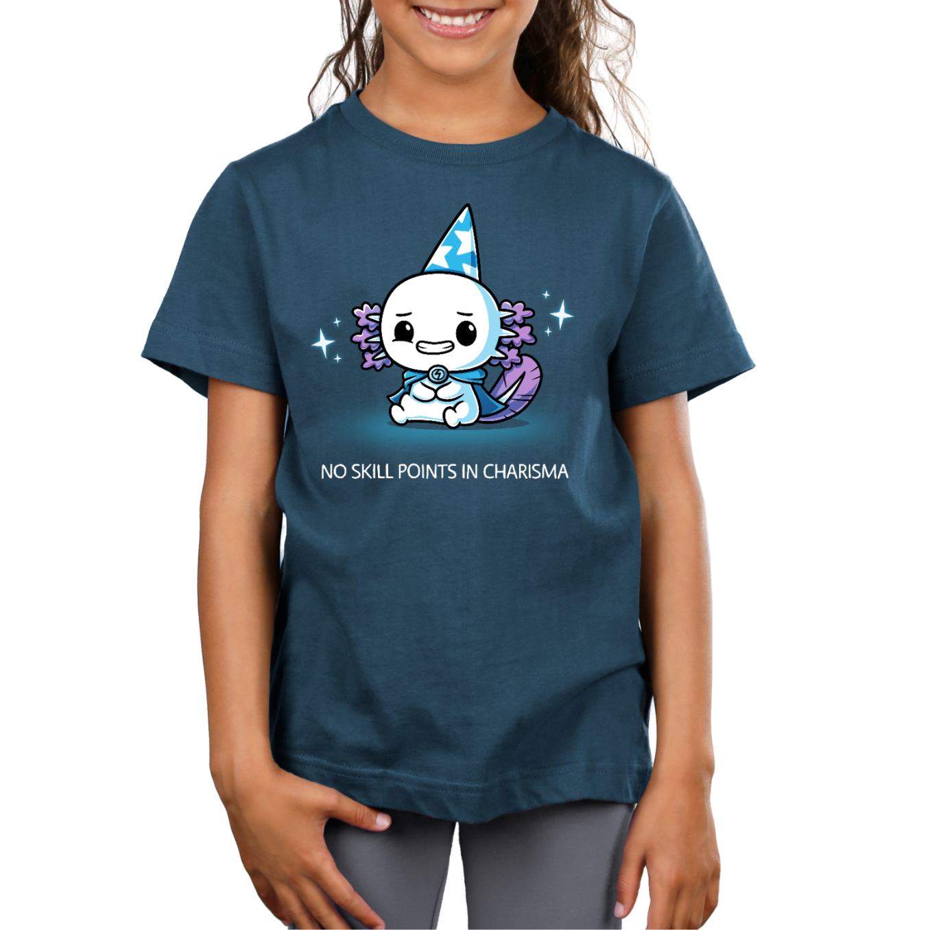 Premium Cotton T-shirt_TeeTurtle denim blue No Skill Points in Charisma Premium Cotton T-shirt featuring an awkward axolotl wizard who is smiling tensely, surrounded by sparkles, with the title text below it