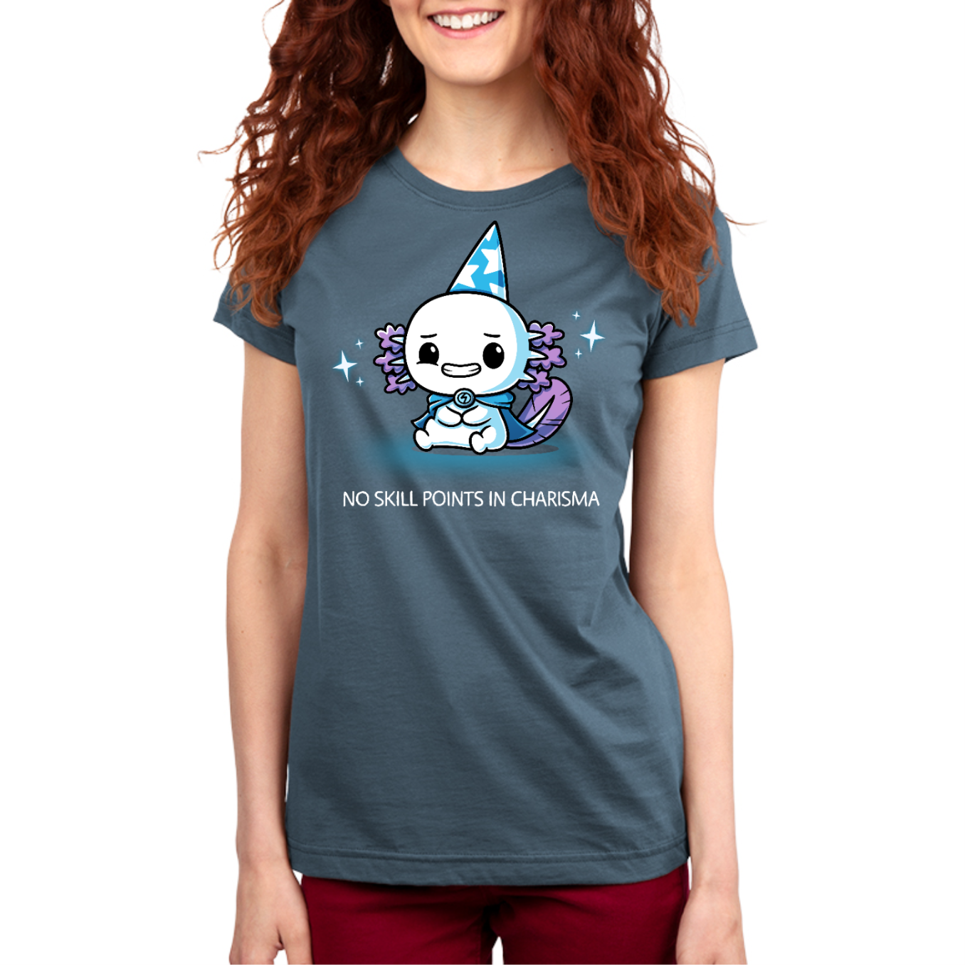 Premium Cotton T-shirt_TeeTurtle denim blue No Skill Points in Charisma Premium Cotton T-shirt featuring an awkward axolotl wizard who is smiling tensely, surrounded by sparkles, with the title text below it