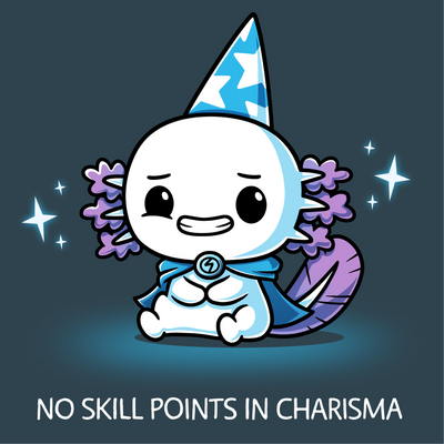 Premium Cotton T-shirt_TeeTurtle denim blue No Skill Points in Charisma Premium Cotton T-shirt featuring an awkward axolotl wizard who is smiling tensely, surrounded by sparkles, with the title text below it