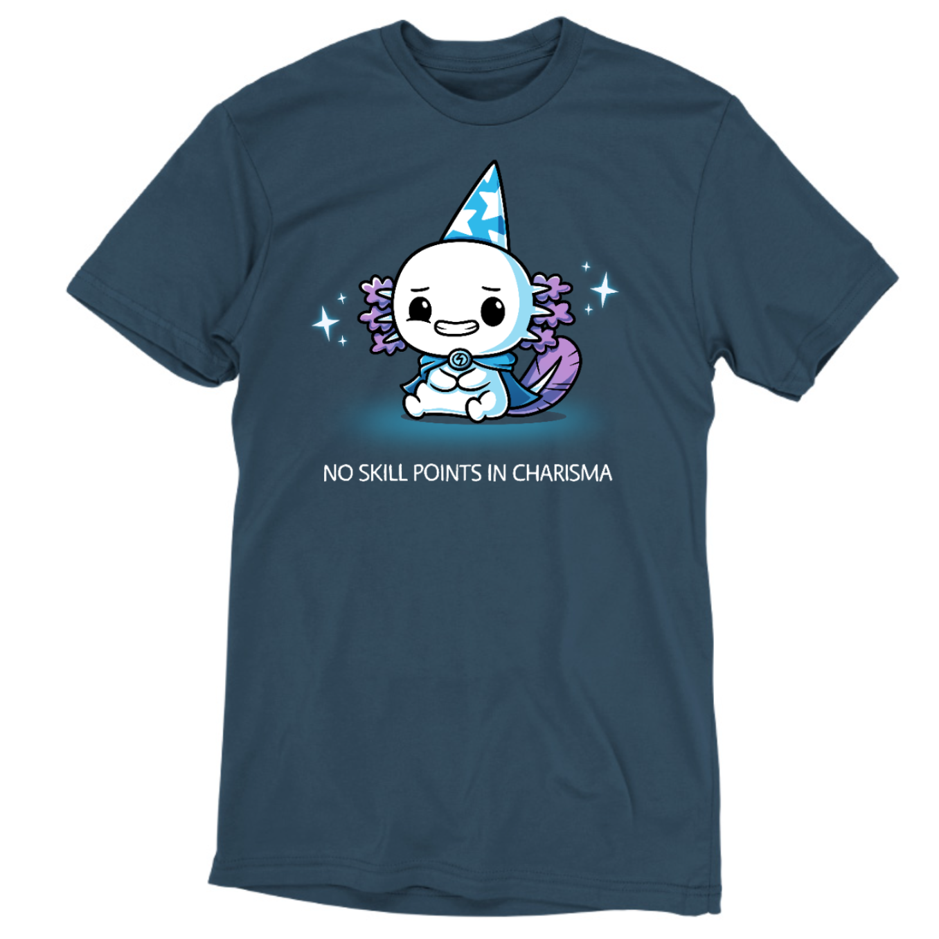 Premium Cotton T-shirt_TeeTurtle denim blue No Skill Points in Charisma Premium Cotton T-shirt featuring an awkward axolotl wizard who is smiling tensely, surrounded by sparkles, with the title text below it