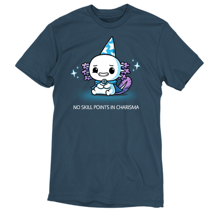 Premium Cotton T-shirt_TeeTurtle denim blue No Skill Points in Charisma Premium Cotton T-shirt featuring an awkward axolotl wizard who is smiling tensely, surrounded by sparkles, with the title text below it