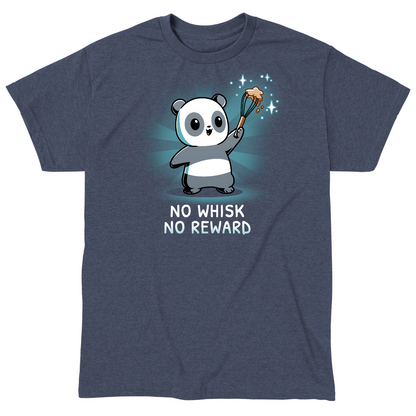 Classic Cotton T-shirt_TeeTurtle heather navy No Whisk, No Reward apparel featuring a panda holding a whisk with batter on it, and the caption, “No Whisk, No Reward“.
