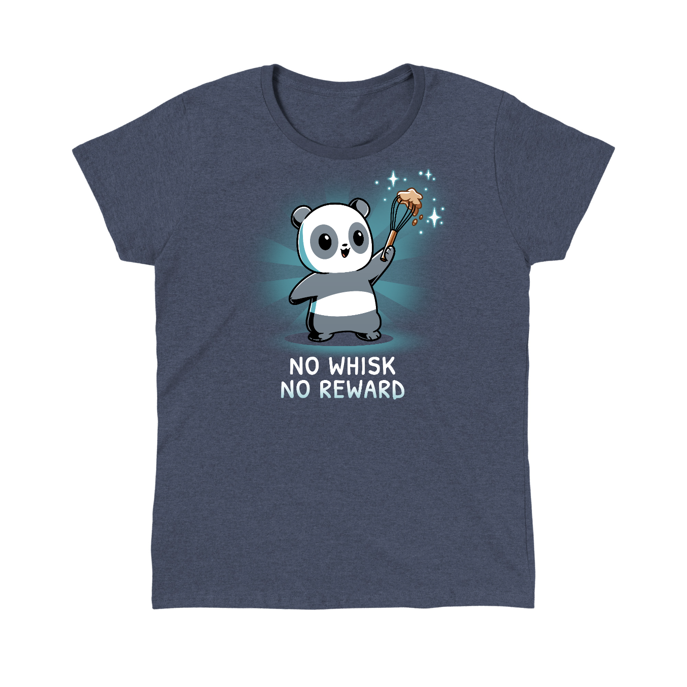 Classic Cotton T-shirt_TeeTurtle heather navy No Whisk, No Reward apparel featuring a panda holding a whisk with batter on it, and the caption, “No Whisk, No Reward“.