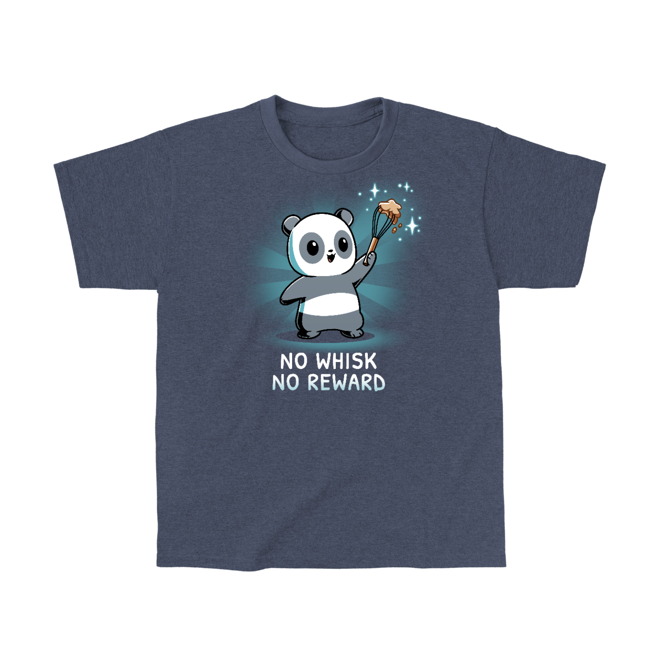 Classic Cotton T-shirt_TeeTurtle heather navy No Whisk, No Reward apparel featuring a panda holding a whisk with batter on it, and the caption, “No Whisk, No Reward“.