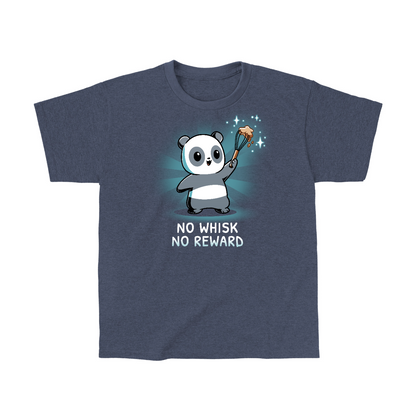 Classic Cotton T-shirt_TeeTurtle heather navy No Whisk, No Reward apparel featuring a panda holding a whisk with batter on it, and the caption, “No Whisk, No Reward“.