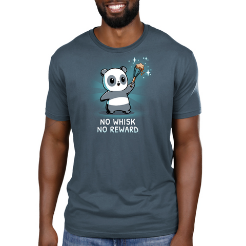 Premium Cotton T-shirt_TeeTurtle denim blue No Whisk, No Reward apparel featuring a panda holding a whisk with batter on it, and the caption, “No Whisk, No Reward“.