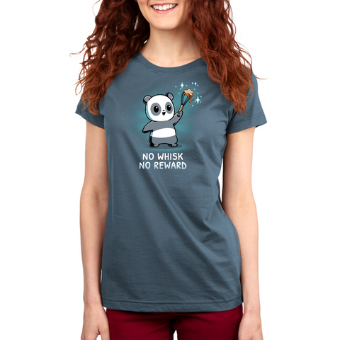 Premium Cotton T-shirt_TeeTurtle denim blue No Whisk, No Reward apparel featuring a panda holding a whisk with batter on it, and the caption, “No Whisk, No Reward“.