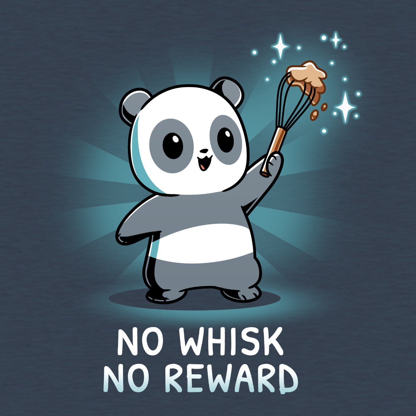 Classic Cotton T-shirt_TeeTurtle heather navy No Whisk, No Reward apparel featuring a panda holding a whisk with batter on it, and the caption, “No Whisk, No Reward“.