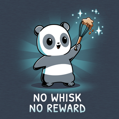 Classic Cotton T-shirt_TeeTurtle heather navy No Whisk, No Reward apparel featuring a panda holding a whisk with batter on it, and the caption, “No Whisk, No Reward“.