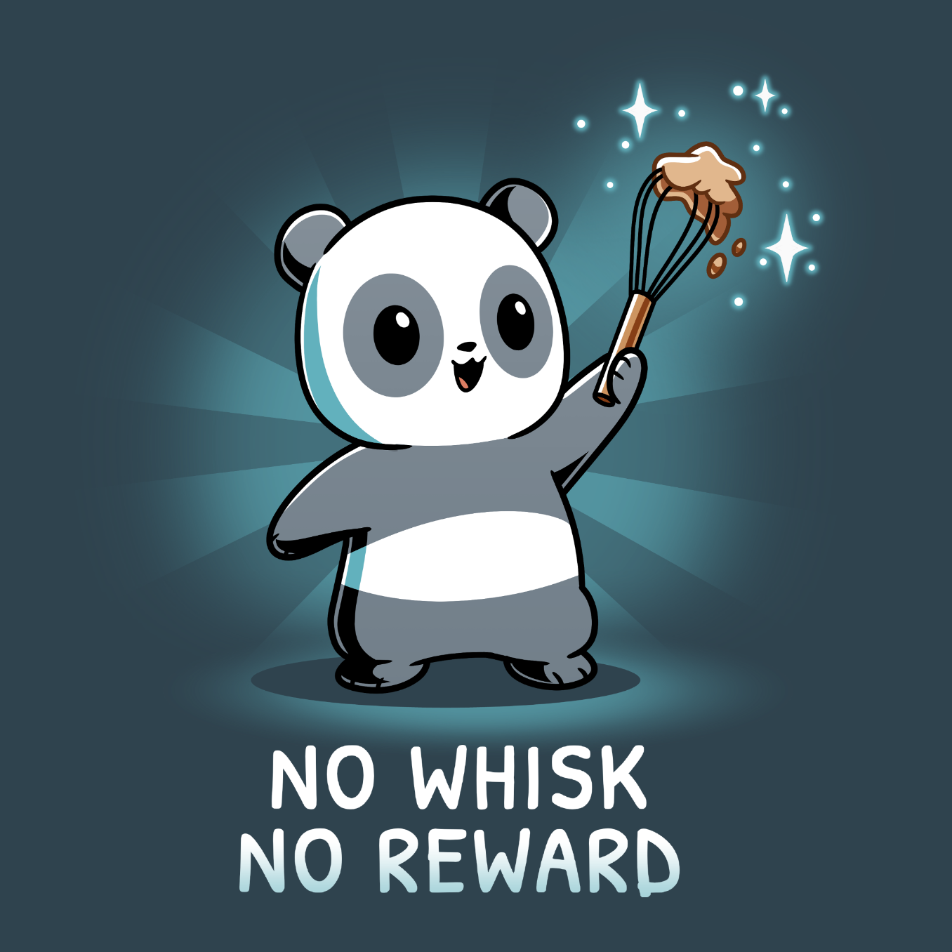 Premium Cotton T-shirt_TeeTurtle denim blue No Whisk, No Reward apparel featuring a panda holding a whisk with batter on it, and the caption, “No Whisk, No Reward“.