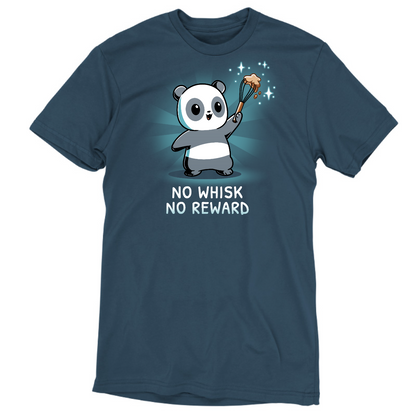 Premium Cotton T-shirt_TeeTurtle denim blue No Whisk, No Reward apparel featuring a panda holding a whisk with batter on it, and the caption, “No Whisk, No Reward“.