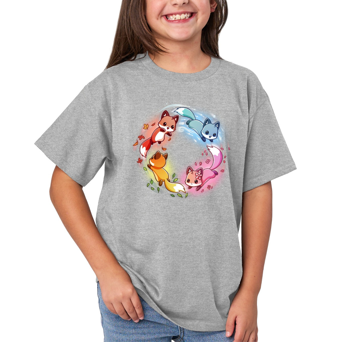 Kids' Classic T-Shirt_TeeTurtle light gray Seasonal Foxes Kids' Classic T-Shirt featuring four cute foxes in red, blue, pink, and orange arranged in a circle with seasonal leaves, flowers, water, and snow accents.
