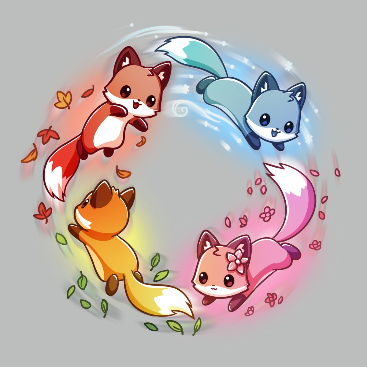 Women's Premium T-Shirt_TeeTurtle light gray Seasonal Foxes Women's Premium T-Shirt featuring four cute foxes in red, blue, pink, and orange arranged in a circle with seasonal leaves, flowers, water, and snow accents.