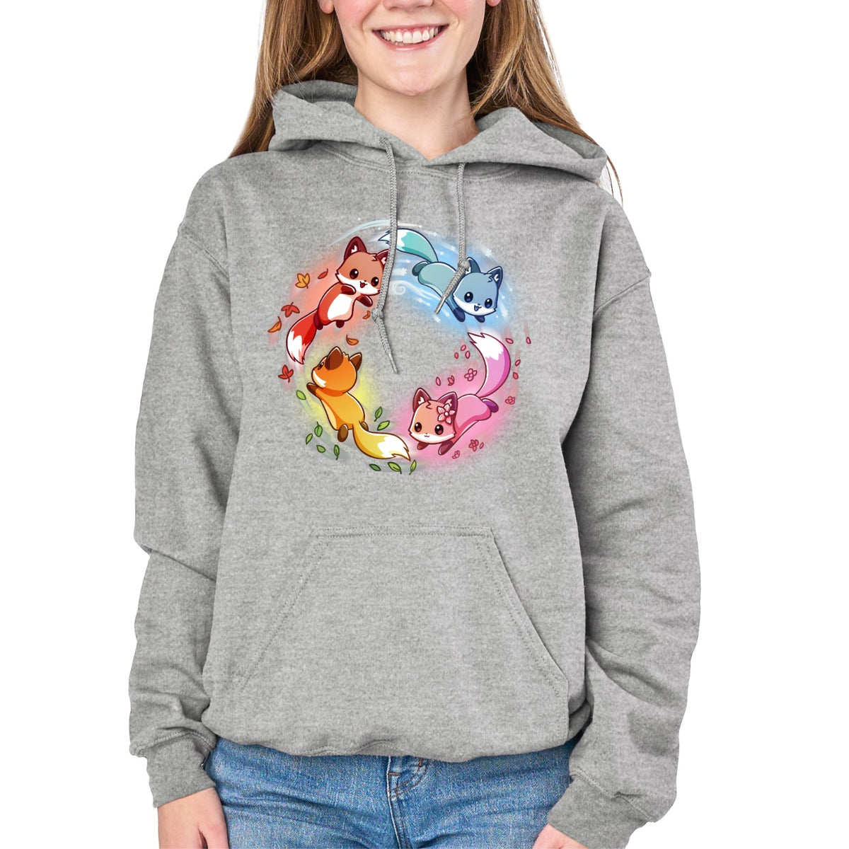 Pullover Hoodie_TeeTurtle light gray Seasonal Foxes Pullover Hoodie featuring four cute foxes in red, blue, pink, and orange arranged in a circle with seasonal leaves, flowers, water, and snow accents.
