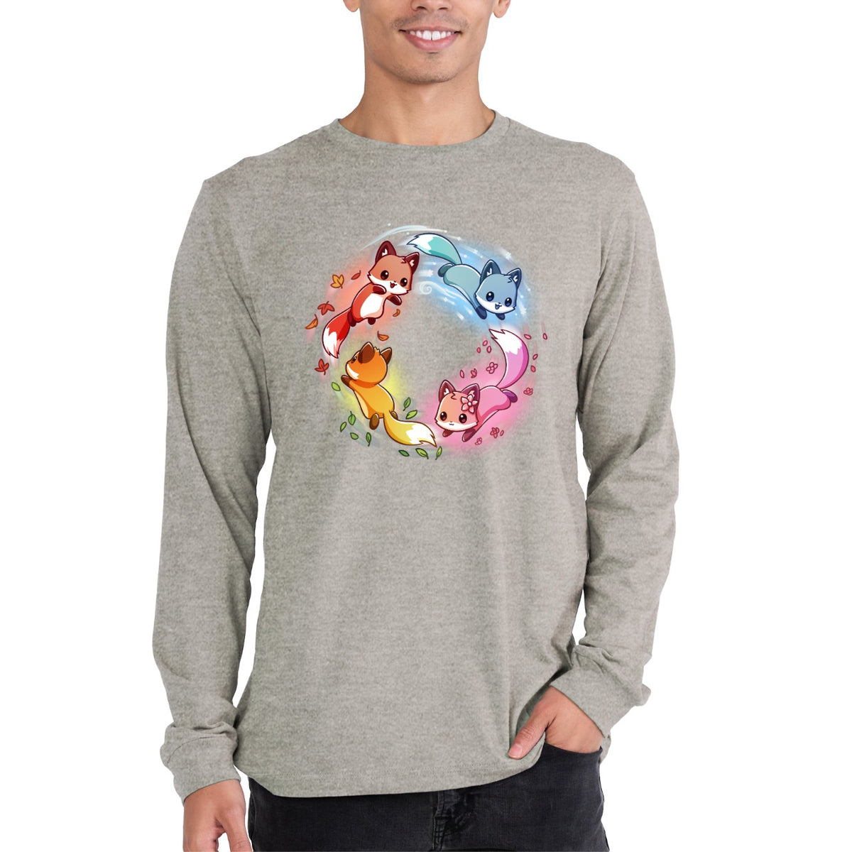 Long Sleeve T-shirt_TeeTurtle light gray Seasonal Foxes Long Sleeve T-shirt featuring four cute foxes in red, blue, pink, and orange arranged in a circle with seasonal leaves, flowers, water, and snow accents.