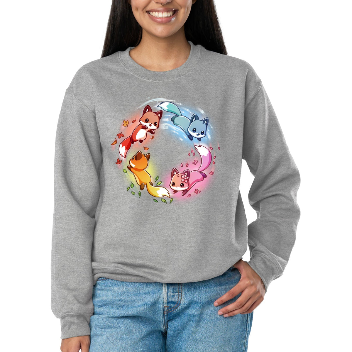 Crew Neck Sweatshirt_TeeTurtle light gray Seasonal Foxes Crew Neck Sweatshirt featuring four cute foxes in red, blue, pink, and orange arranged in a circ withle seasonal leaves, flowers, water, and snow accents.
