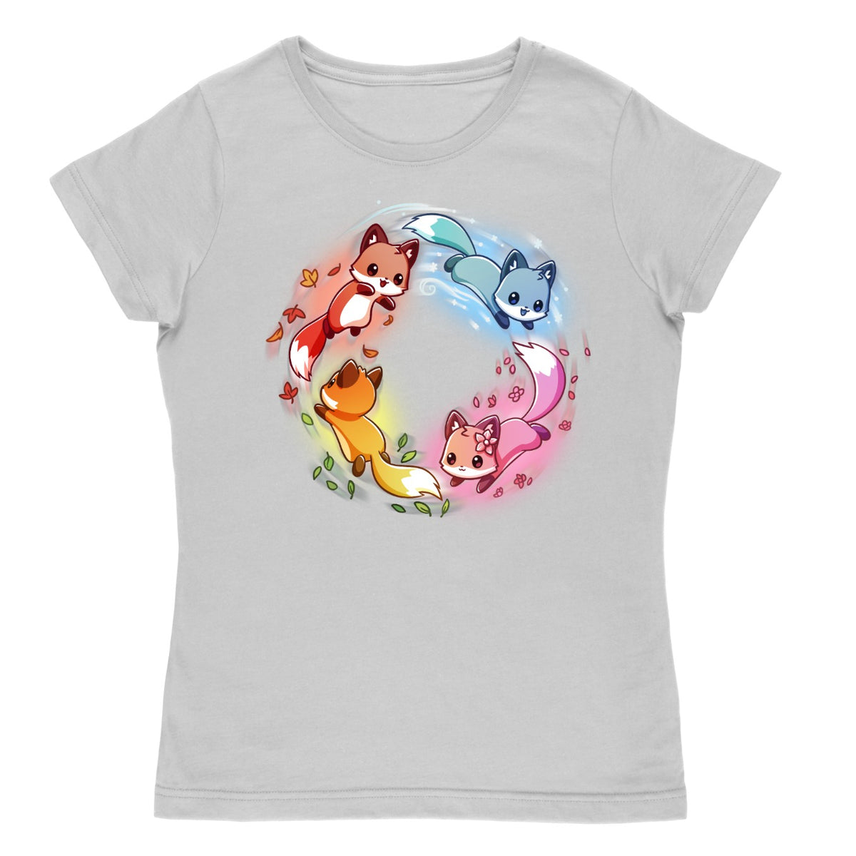 Women's Premium T-Shirt_TeeTurtle light gray Seasonal Foxes Women's Premium T-Shirt featuring four cute foxes in red, blue, pink, and orange arranged in a circle with seasonal leaves, flowers, water, and snow accents.