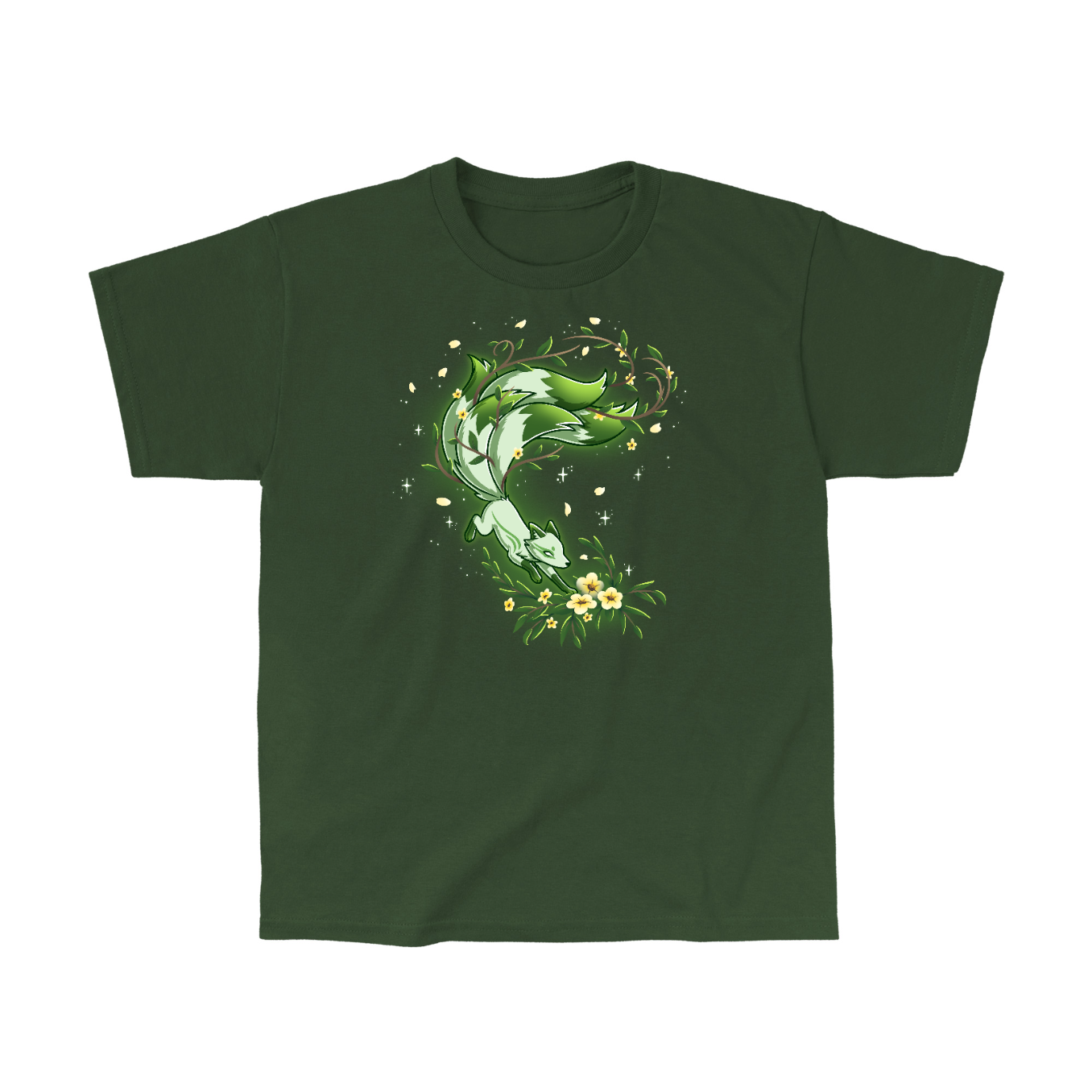 Classic Cotton T-shirt_TeeTurtle forest green Spirit of the Forest apparel featuring a kitsune fox in motion in shades of white and green, surrounded by flowers and leaves
