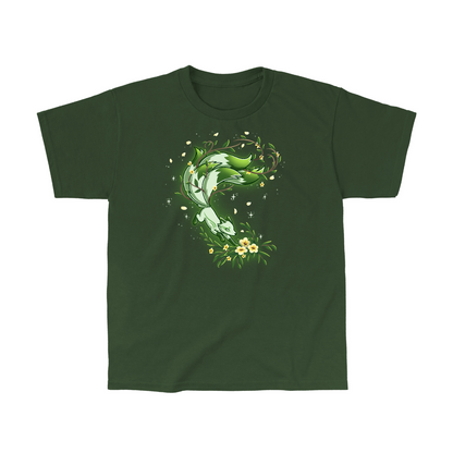 Classic Cotton T-shirt_TeeTurtle forest green Spirit of the Forest apparel featuring a kitsune fox in motion in shades of white and green, surrounded by flowers and leaves