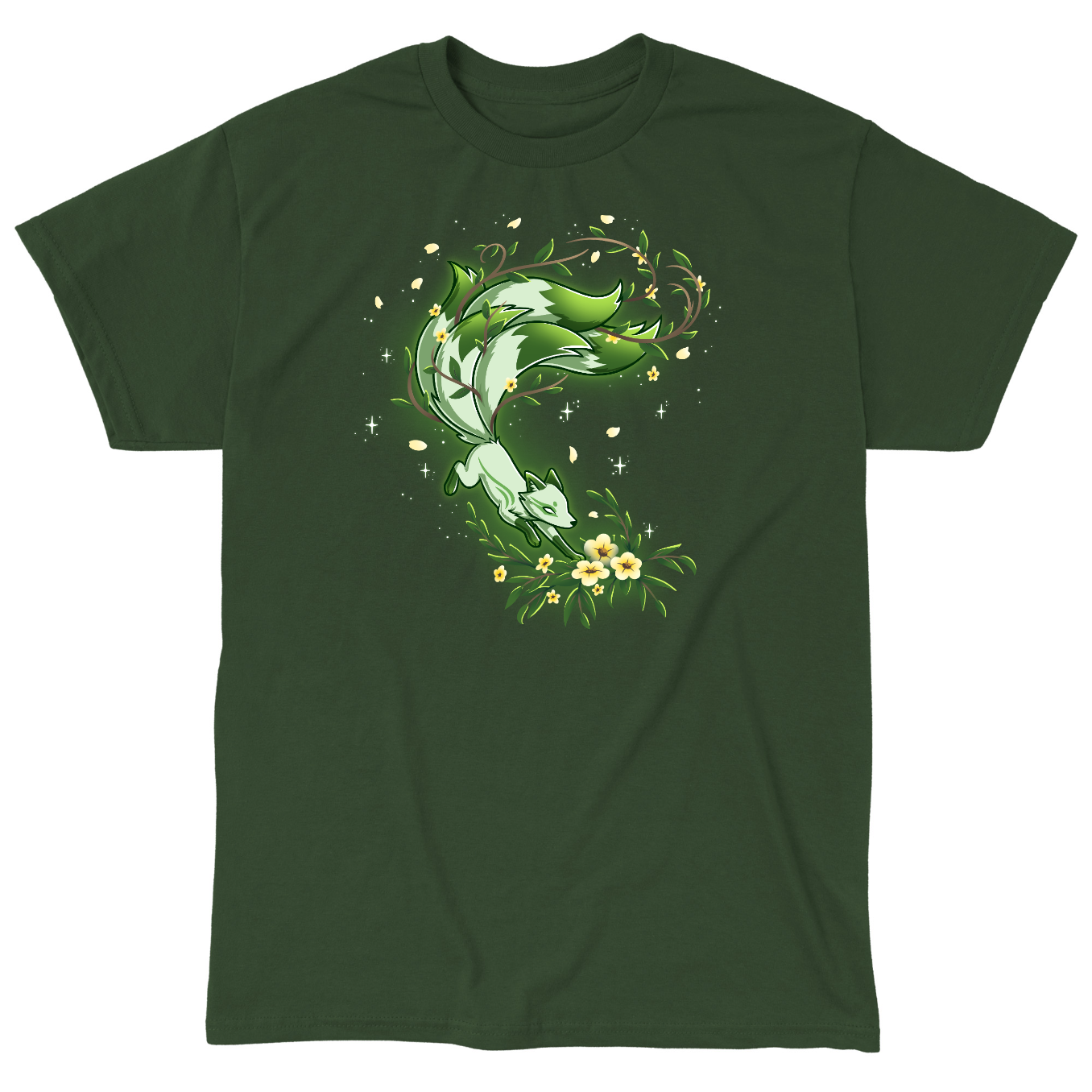 Classic Cotton T-shirt_TeeTurtle forest green Spirit of the Forest apparel featuring a kitsune fox in motion in shades of white and green, surrounded by flowers and leaves