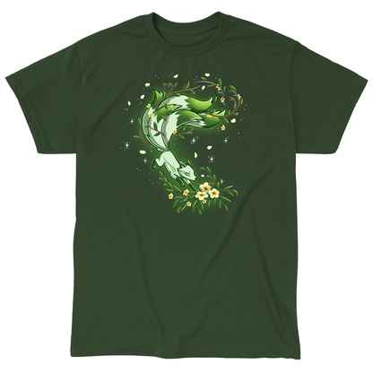 Classic Cotton T-shirt_TeeTurtle forest green Spirit of the Forest apparel featuring a kitsune fox in motion in shades of white and green, surrounded by flowers and leaves