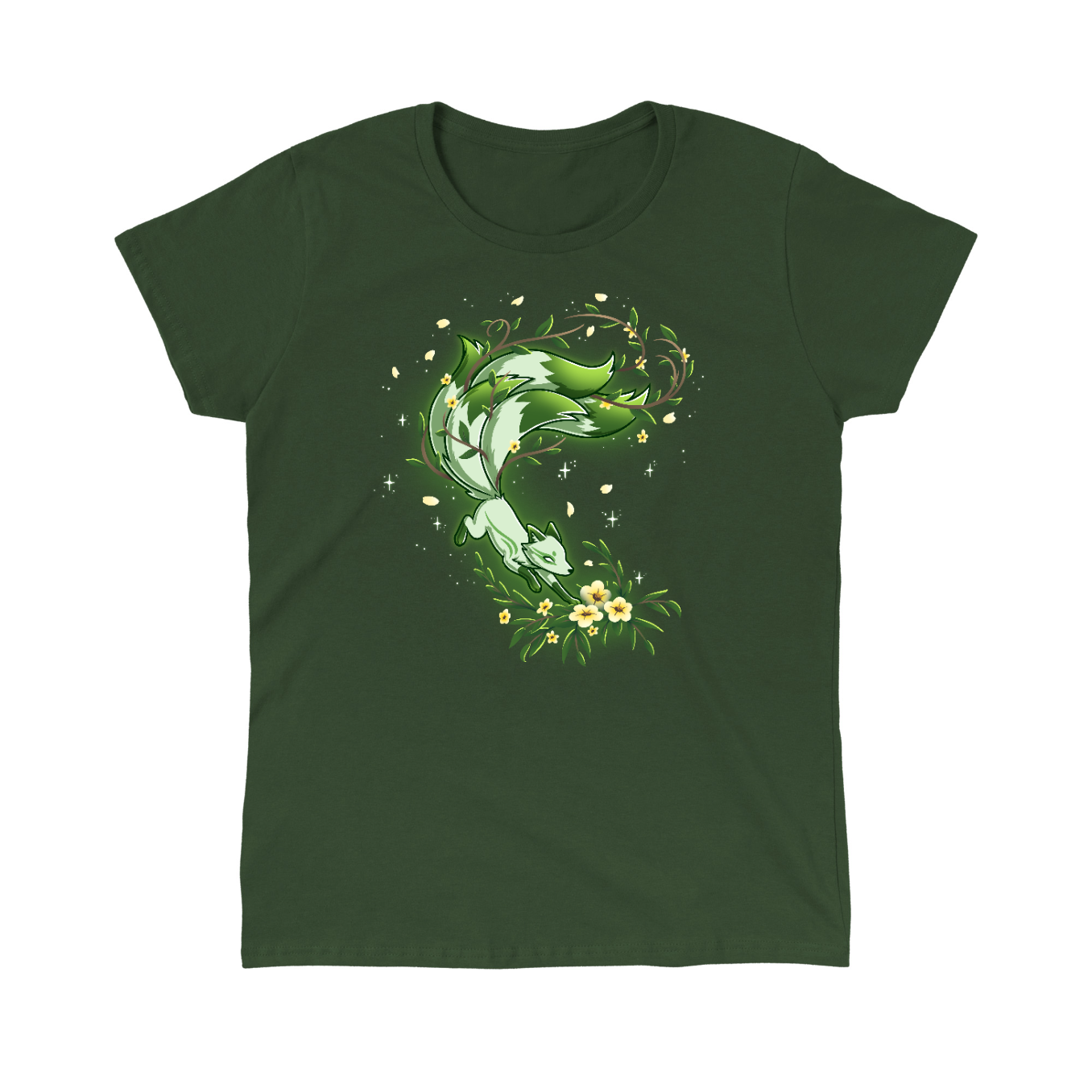 Classic Cotton T-shirt_TeeTurtle forest green Spirit of the Forest apparel featuring a kitsune fox in motion in shades of white and green, surrounded by flowers and leaves