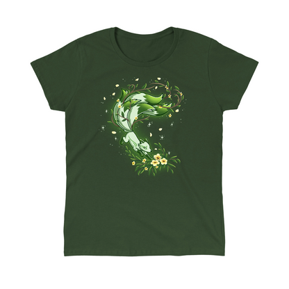 Classic Cotton T-shirt_TeeTurtle forest green Spirit of the Forest apparel featuring a kitsune fox in motion in shades of white and green, surrounded by flowers and leaves
