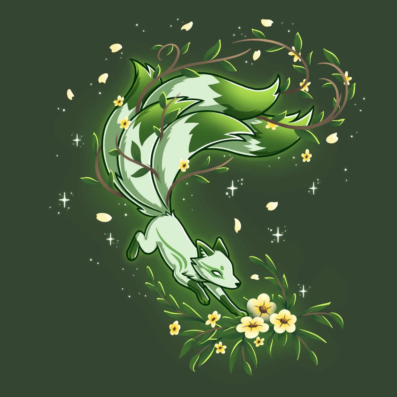 Classic Cotton T-shirt_TeeTurtle forest green Spirit of the Forest apparel featuring a kitsune fox in motion in shades of white and green, surrounded by flowers and leaves
