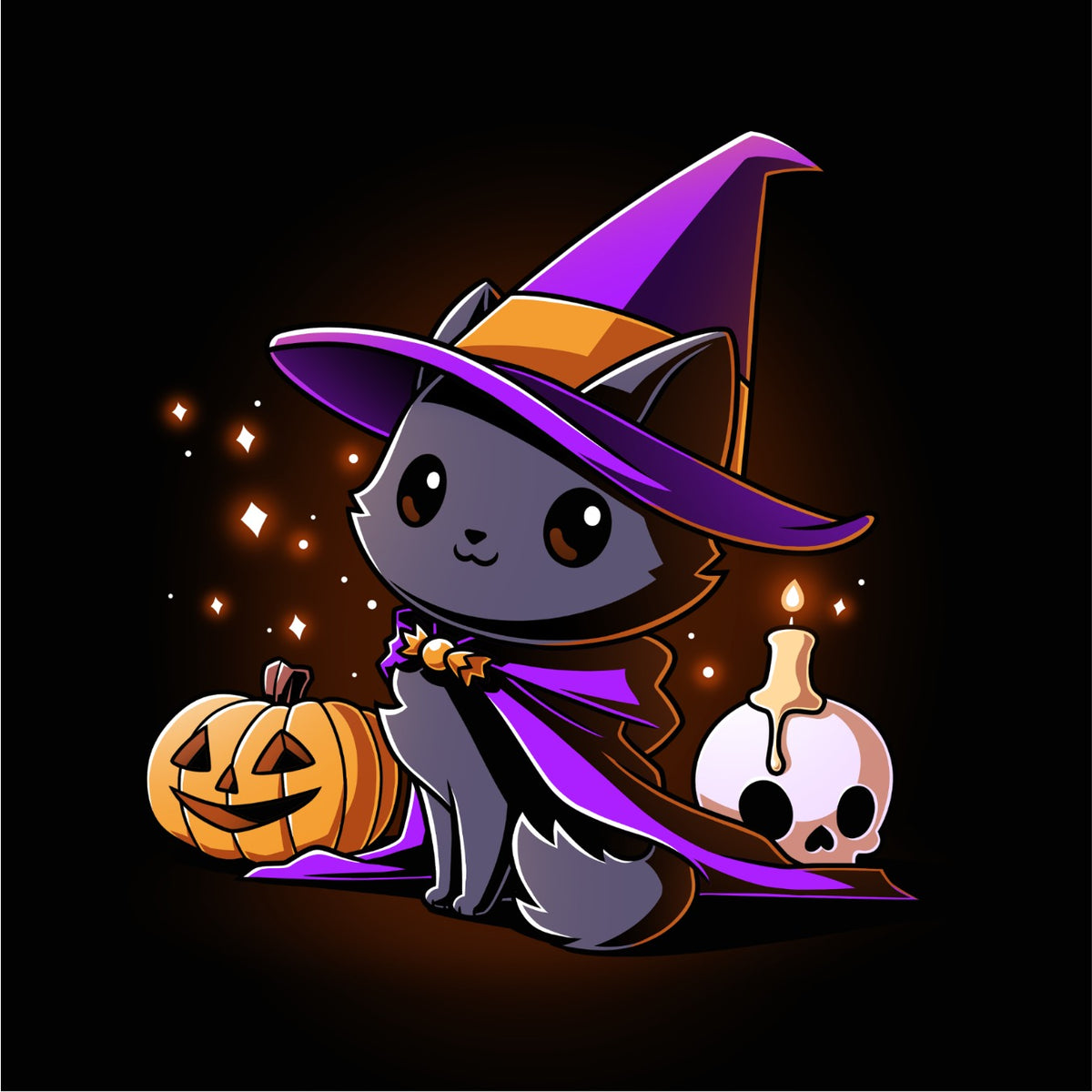 Women's Premium T-shirt_TeeTurtle black Witch, I’m Purrfect apparel featuring a black cat wearing a purple witch hat and cloak surrounded by sparkles, a jack-o'-lantern, and a skull with a lit candle on top.