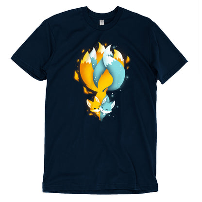 Premium Cotton T-shirt_TeeTurtle Tails of Fire and Ice navy blue t-shirt featuring an orange and blue kitsune with their tails interlocked with flames and ice sparkles surrounding them.