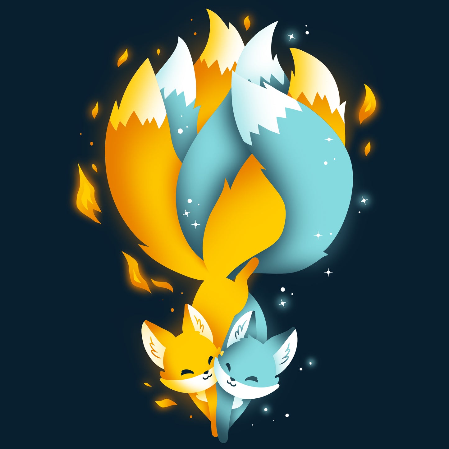 Premium Cotton T-shirt_TeeTurtle Tails of Fire and Ice navy blue t-shirt featuring an orange and blue kitsune with their tails interlocked with flames and ice sparkles surrounding them.