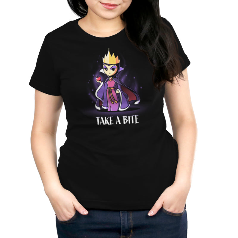 A limited stock black women's t-shirt officially licensed by Disney, featuring the phrase "Take a Bite" from Evil Queen.