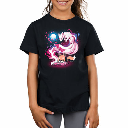 A girl wearing a comfortable Tale of Tails cotton t-shirt with an image of a unicorn by TeeTurtle.