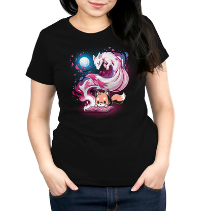 A women's black Tale of Tails T-shirt with an image of a pokémon from TeeTurtle.
