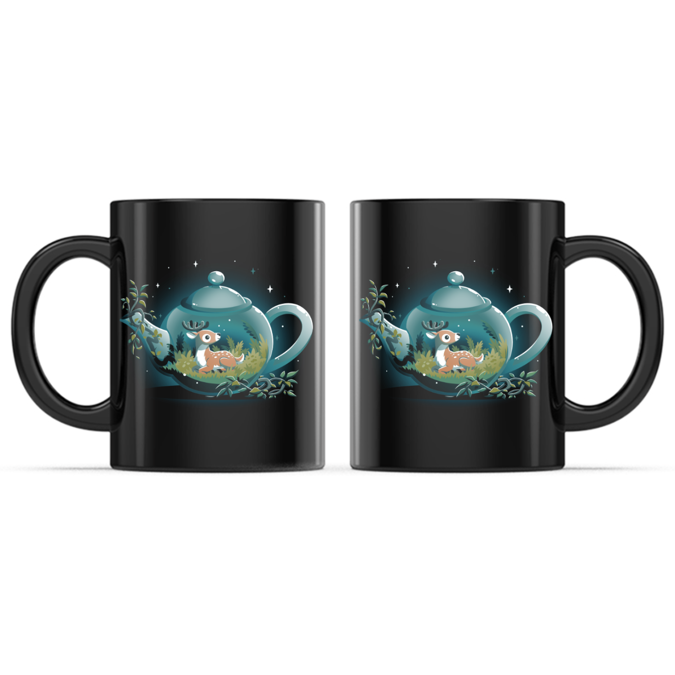Ceramic Mug_TeeTurtle Tea Pot Den Mug black mug featuring a cozy teal teapot with a resting deer nestled among grass and ferns inside, surrounded by leafy vines and twinkling stars in a whimsical woodland scene.