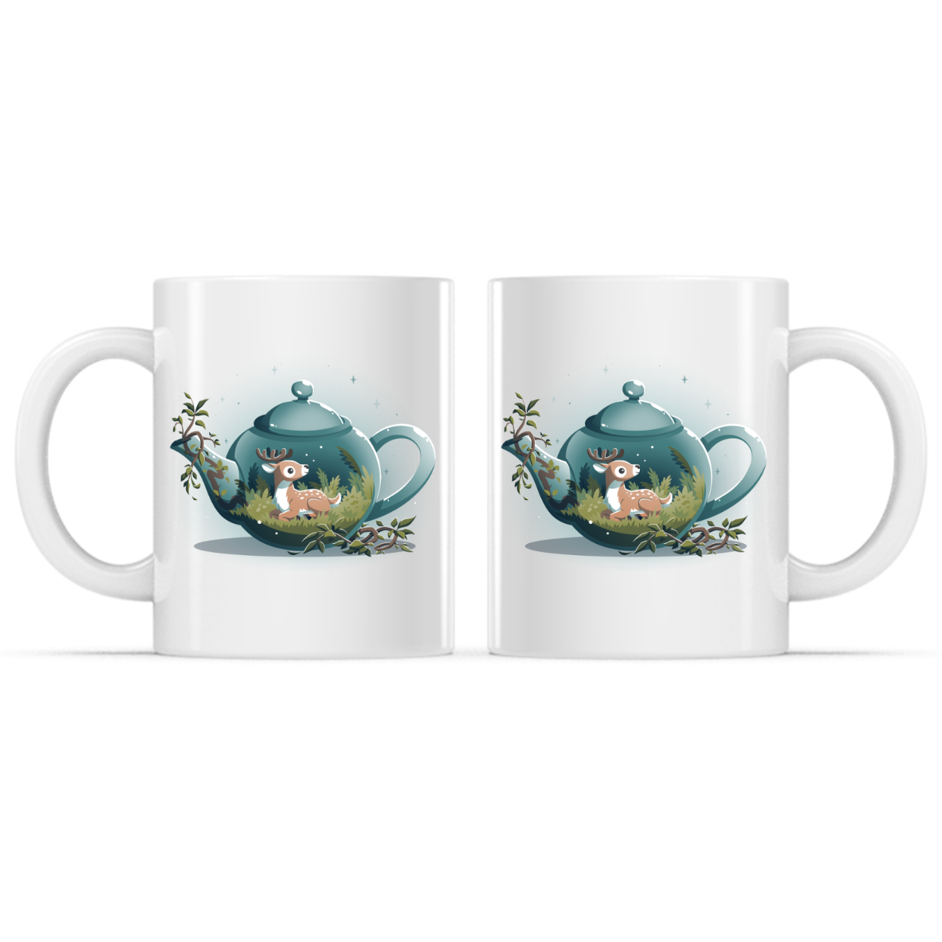 Ceramic Mug_TeeTurtle Tea Pot Den Mug white mug featuring a cozy teal teapot with a resting deer nestled among grass and ferns inside, surrounded by leafy vines and twinkling stars in a whimsical woodland scene.