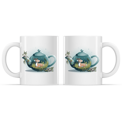 Ceramic Mug_TeeTurtle Tea Pot Den Mug white mug featuring a cozy teal teapot with a resting deer nestled among grass and ferns inside, surrounded by leafy vines and twinkling stars in a whimsical woodland scene.
