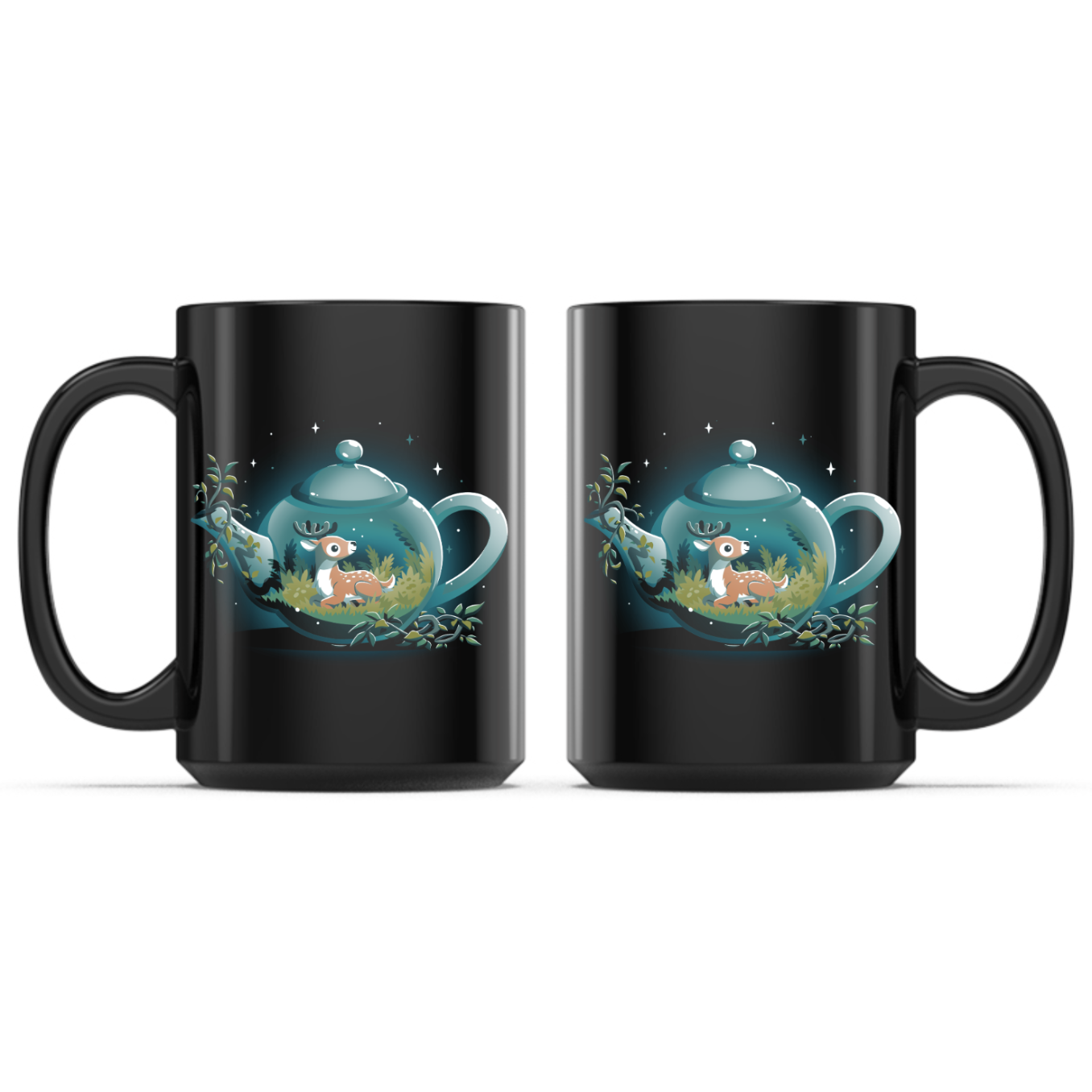 Ceramic Mug_TeeTurtle Tea Pot Den Mug black mug featuring a cozy teal teapot with a resting deer nestled among grass and ferns inside, surrounded by leafy vines and twinkling stars in a whimsical woodland scene.