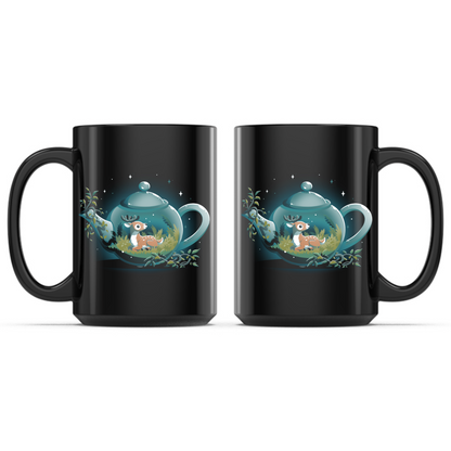 Ceramic Mug_TeeTurtle Tea Pot Den Mug black mug featuring a cozy teal teapot with a resting deer nestled among grass and ferns inside, surrounded by leafy vines and twinkling stars in a whimsical woodland scene.