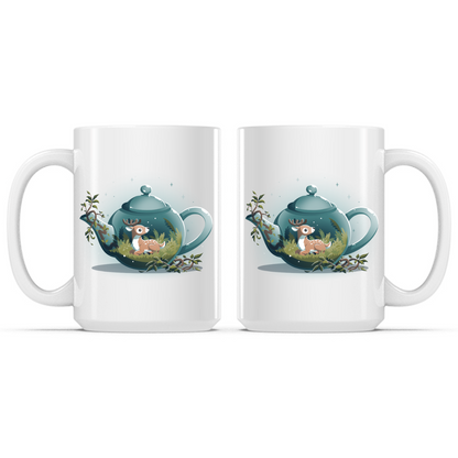 Ceramic Mug_TeeTurtle Tea Pot Den Mug white mug featuring a cozy teal teapot with a resting deer nestled among grass and ferns inside, surrounded by leafy vines and twinkling stars in a whimsical woodland scene.
