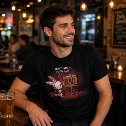 Premium Cotton T-shirt_TeeTurtle That's Not a Good Sign black t-shirt featuring an adventurous bunny looking at a wooden sign with the word "bad" on it.