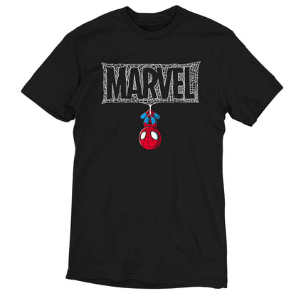 A black officially licensed The Amazing Spider-Man t-shirt with the word Marvel on it.
