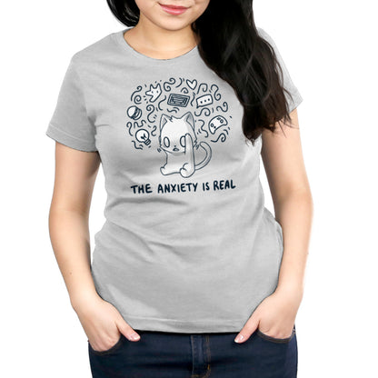 Premium Cotton T-shirt_Teeturtle The Anxiety is Real Silver Gray Featuring an anxious white cat holding its head while imagining all the various things it's anxious about with the image set above the words 'The Anxiety is Real'.