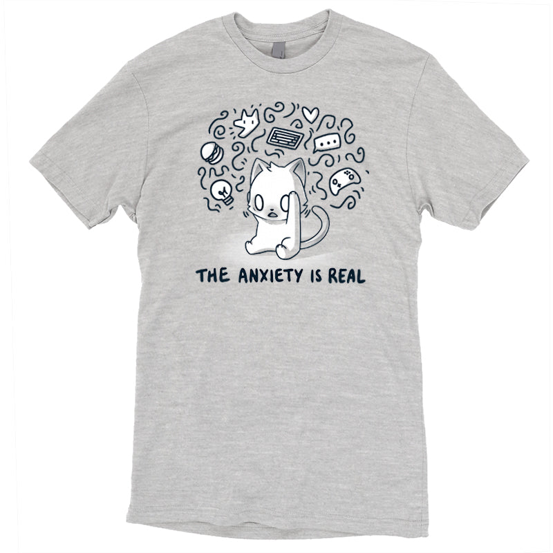 Premium Cotton T-shirt_Teeturtle The Anxiety is Real Silver Gray Featuring an anxious white cat holding its head while imagining all the various things it's anxious about with the image set above the words 'The Anxiety is Real'.